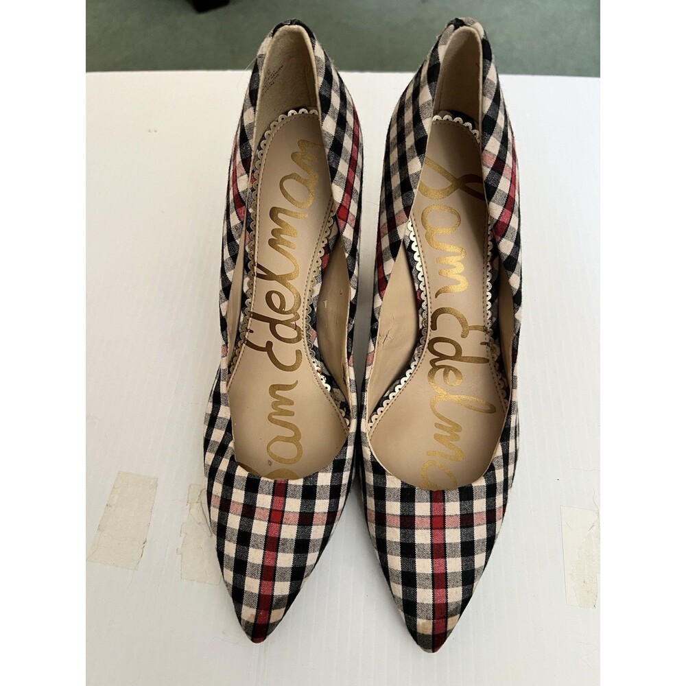 Sam Edelman Heels Pumps Size 6.5 Black Tan Shepherds Plaid Office Or Casual
